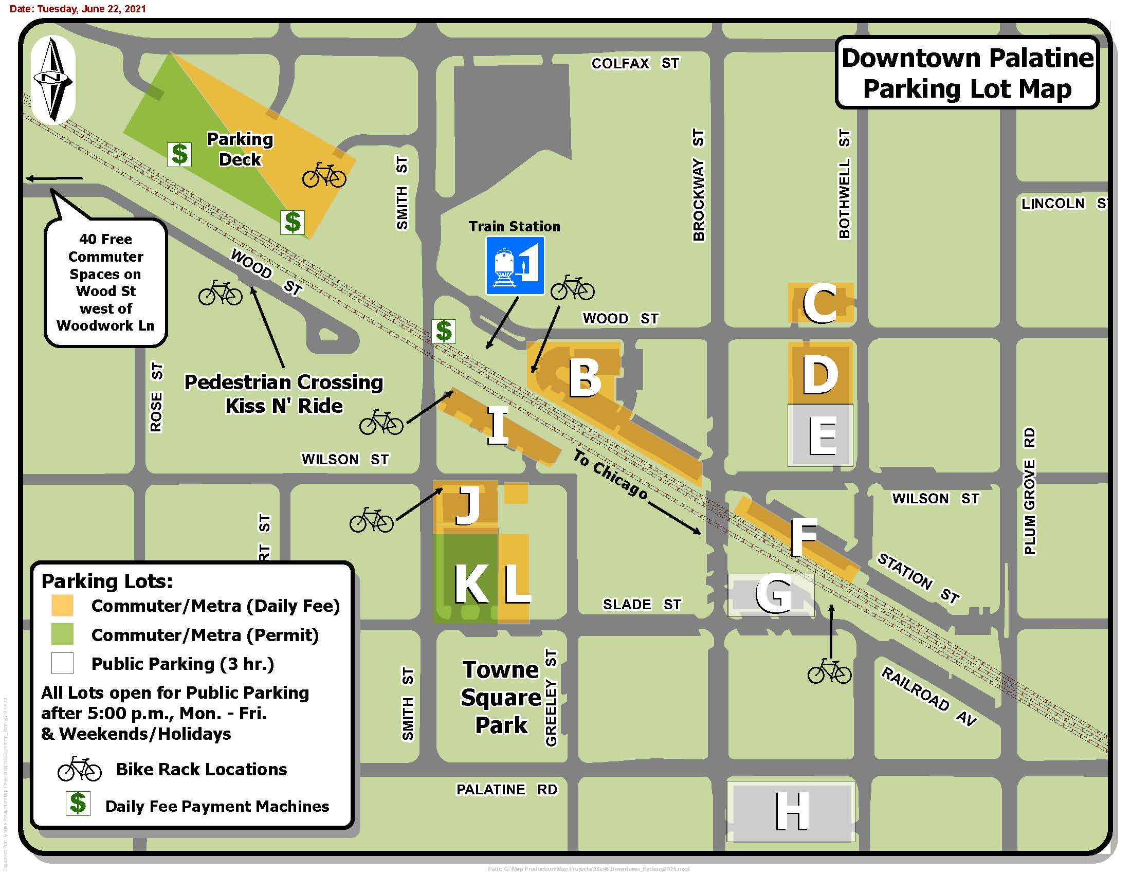 Downtown Palatine Parking Lot Map With Labels Showing Different Parking Areas and Pay Stations