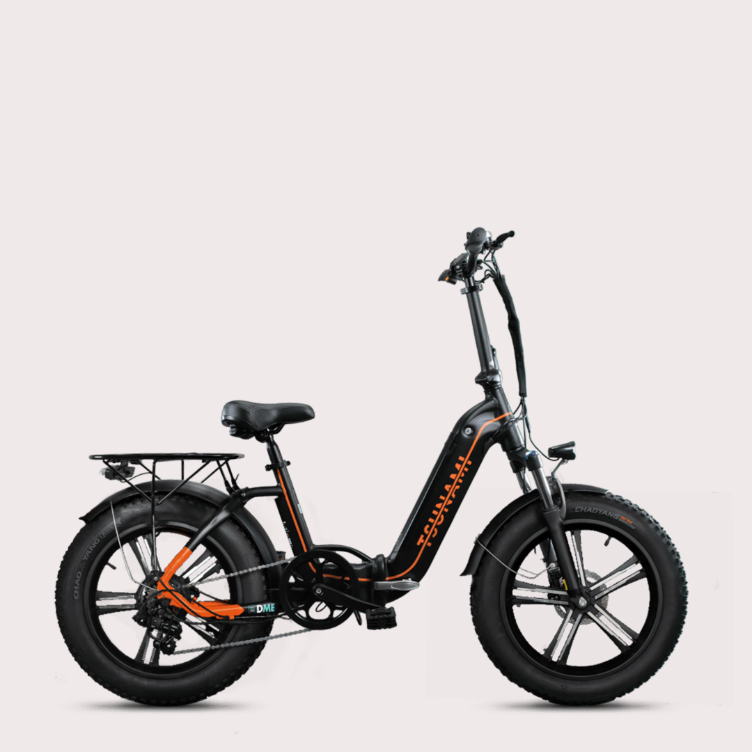 black electronic bike set against white background
